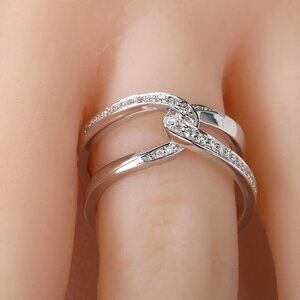 3/$35 Silver Pave Zircon Crossover Interlocking Knot Ring Double Band Statement